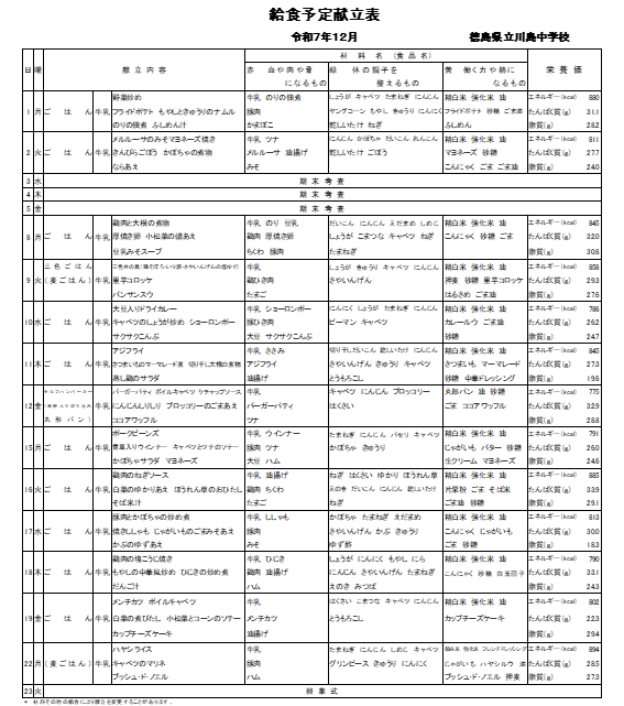 １２月給食だより（川）