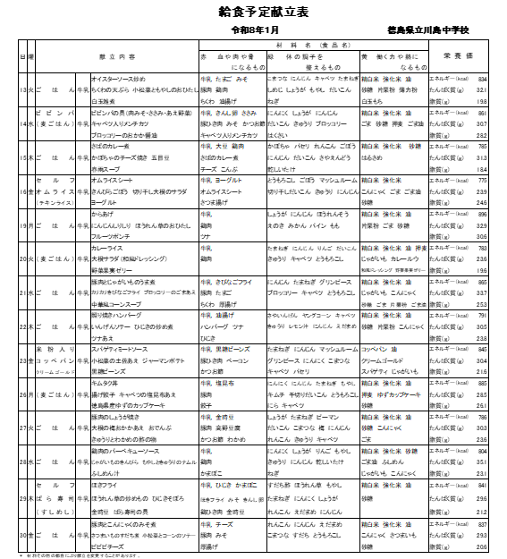 １月献立表（川島）