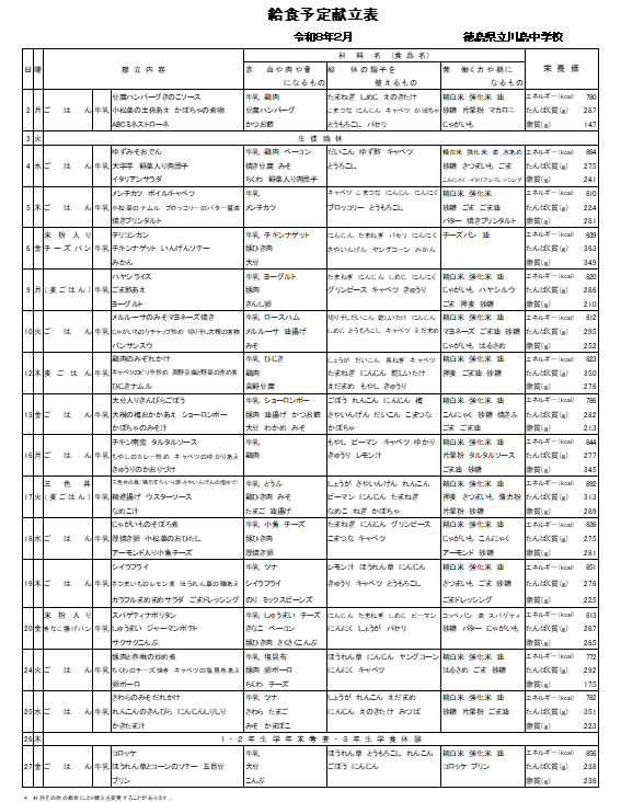 ２月献立表（川）